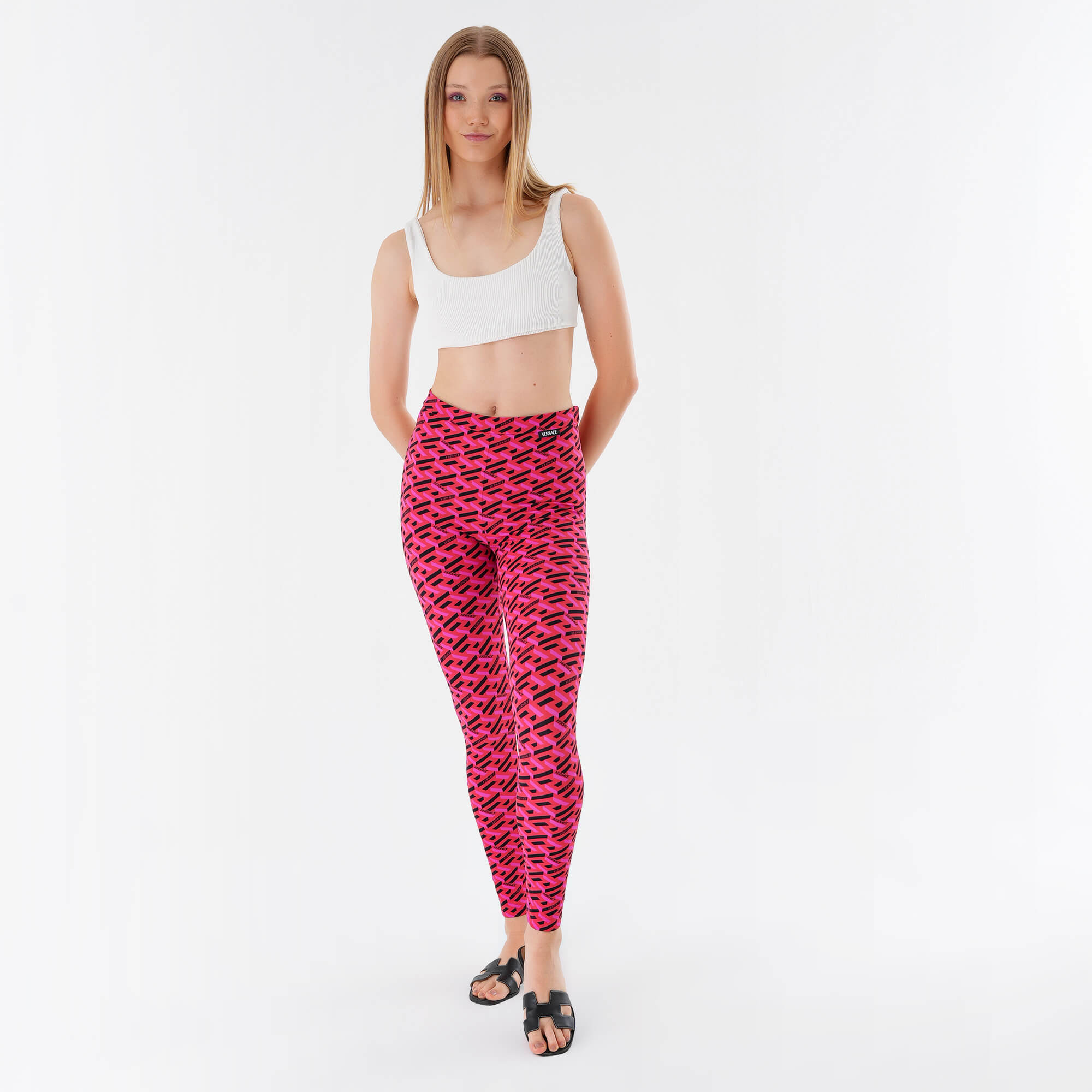  Versace- Red & Pink  Logo Patterned Leggings IT42